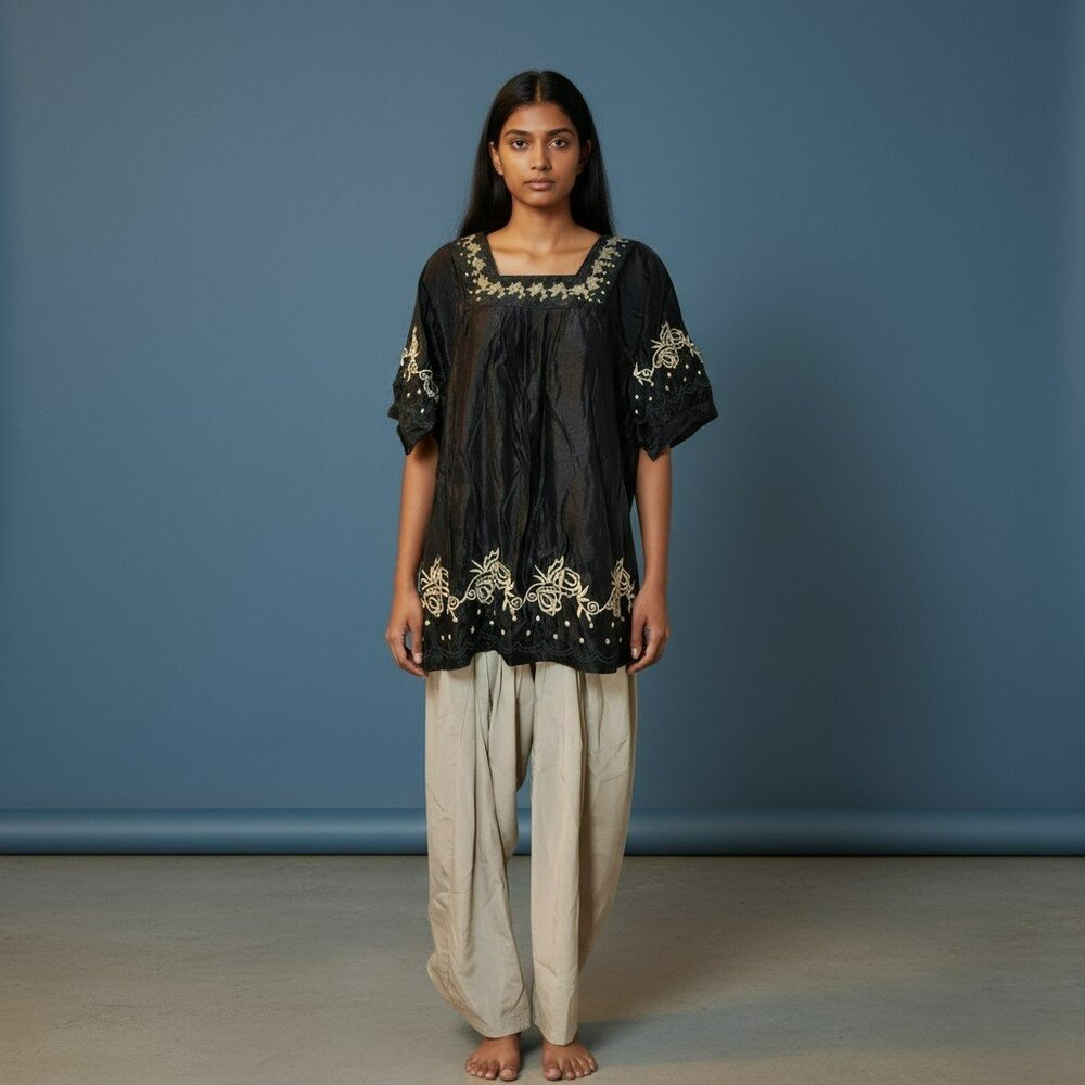 Qianzi 2pc Set L Black Tan Embroidered 65/35 Cotton‎ Blend Desi Fusion Ethnic
